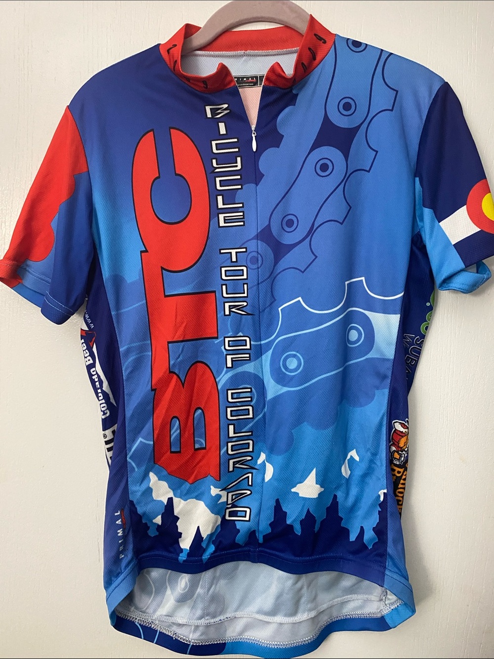 Primal Bicycle Tour of Colorado Men's Cycling Jersey - Blue & Red Chest 40” Sz M